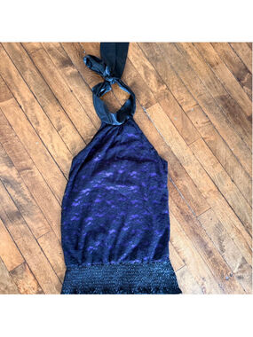 Bongo black & purple lace halter neck dress with bow detail